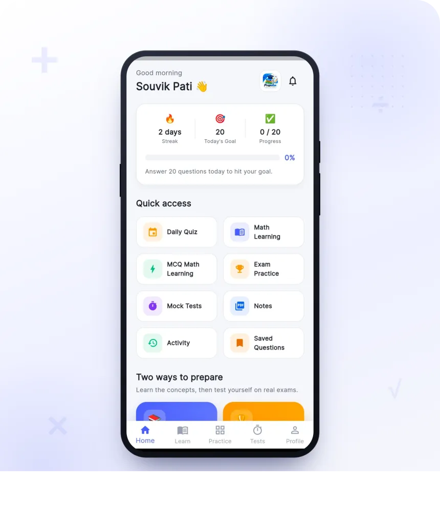 Prepwise home screen showing a 2-day streak, a daily goal of 20 questions, and quick access to Daily Quiz, Math Learning, MCQ Math Learning, Exam Practice, Mock Tests, Notes, Activity and Saved Questions