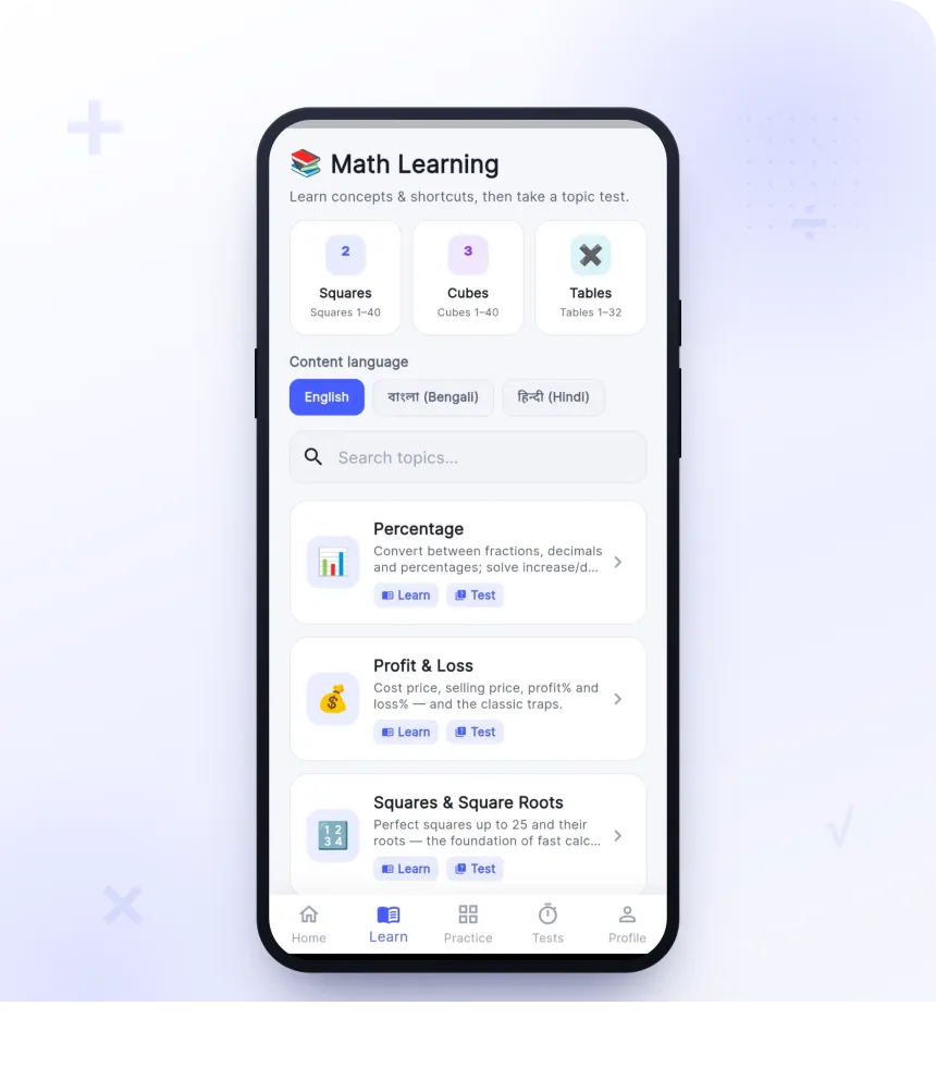 Prepwise Math Learning screen listing math topics such as Percentage and Profit and Loss, each with Learn and Test options